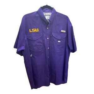 Columbia Mens PFG LSU Purple Vented Back Fishing Shirt Size Medium Short Sleeves